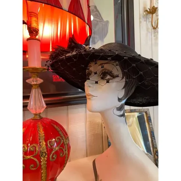 vintage 1940s black straw wide brim hat with veil and roses 40s film noir floral